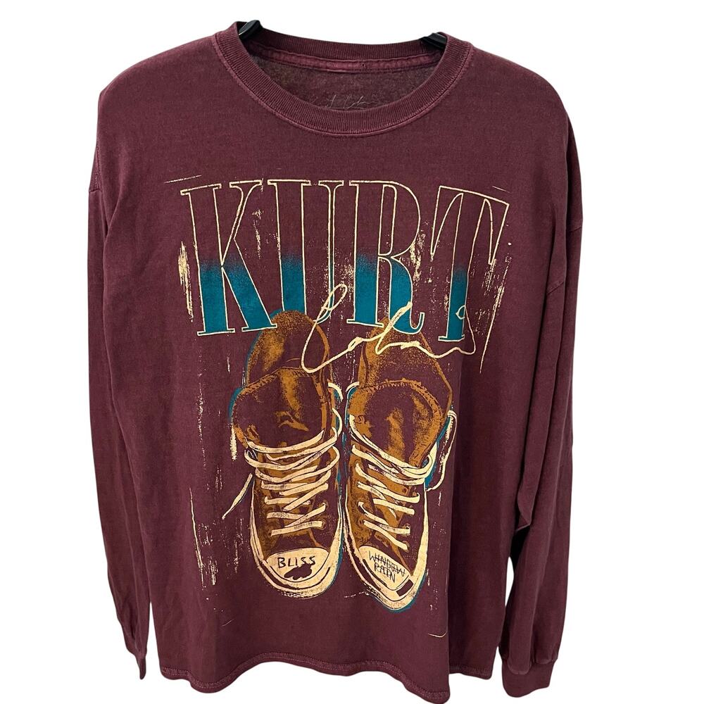 Kurt Cobain Nirvana Graphic Long Sleeve Shirt Burgundy Bliss Withdrawal Pain LG
